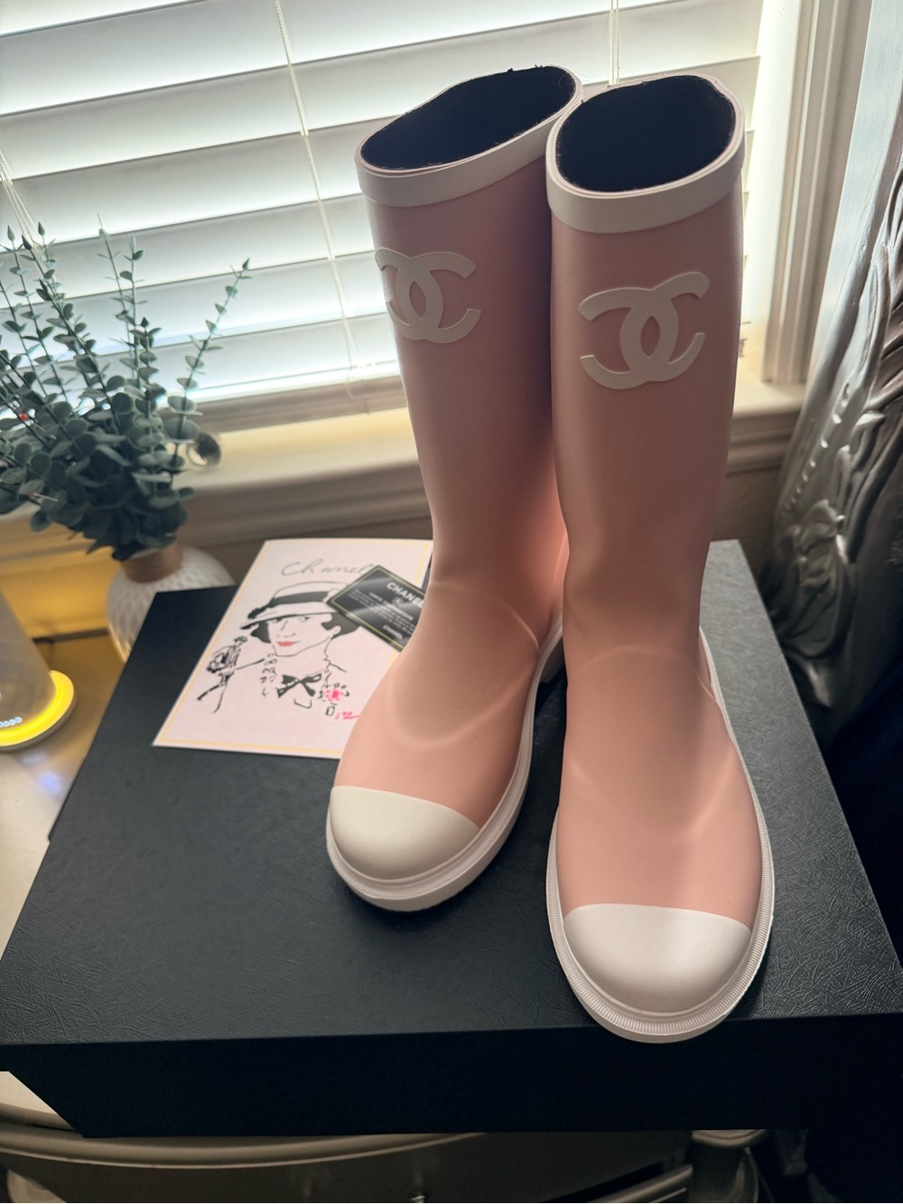 Soft Pink Rubber Winter/Rain Boots with White Trim CC logo,size 8